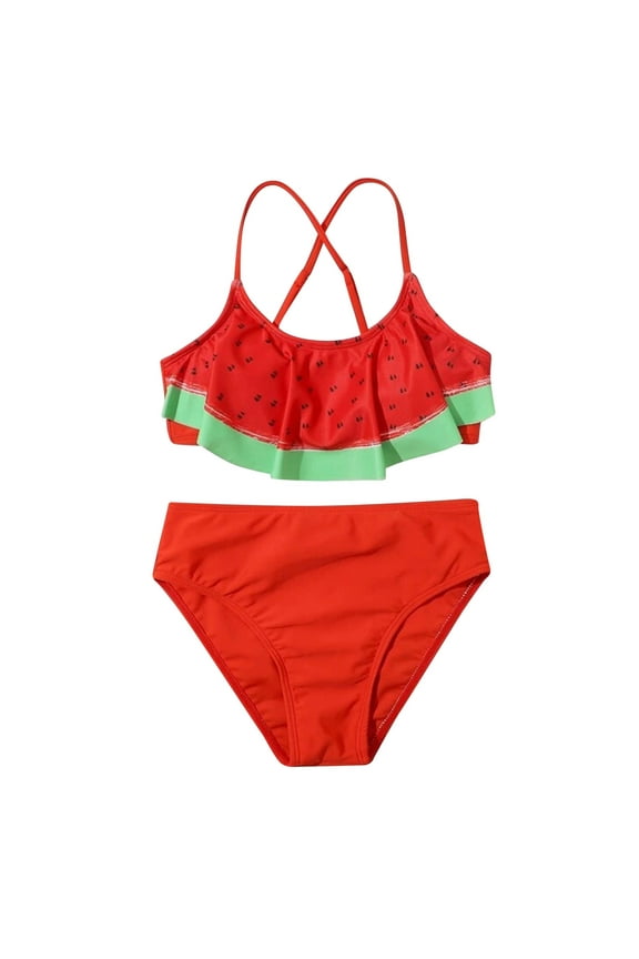 ZRBYWB Girl's Swimsuit Girls Summer Cute Crisscross Small Watermelon Print Floral Print 2 Piece Swimsuit For Kids