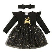 ZRBYWB Girls Dresses Toddler Girls Christmas Long Sleeve Dresses Cartoon Deer Prints Tulle Princess Dress Headbands Set Fashion Dress