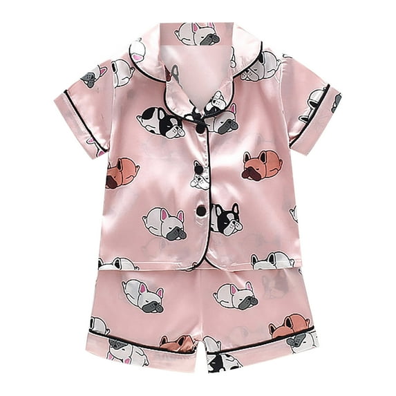 ZRBYWB Girls Nightgowns Toddler Kids Baby Boys Girls Satin Cartoon Button Down Short Sleeve Shirt Tops + Shorts Pants Silk Pajamas Sleepwear Outfits Loungewear Set Sleepwear