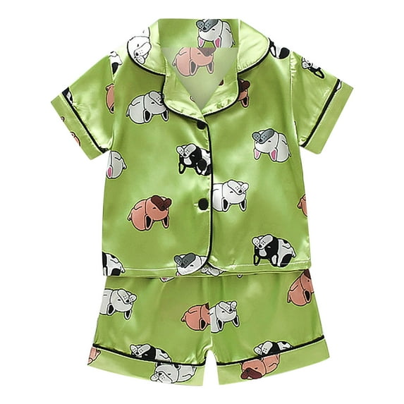 ZRBYWB Girls Nightgowns Toddler Kids Baby Boys Girls Satin Cartoon Button Down Short Sleeve Shirt Tops + Shorts Pants Silk Pajamas Sleepwear Outfits Loungewear Set Sleepwear