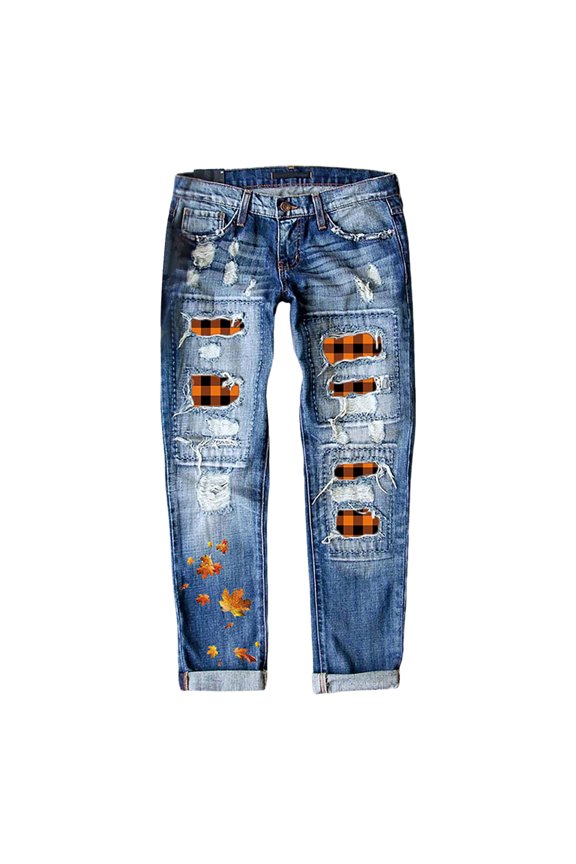 Jeans For Women Ladies Mid Rise Distressed Jeans Maple Leaf Red Checkered Printed Patch Straight Pants Trendy 2024