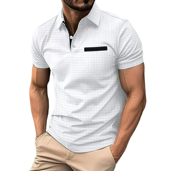 ZRBYWB Men's Classic Polo Shirt Male Summer Plaid Short Sleeve Shirt Solid Color Lapel Pocket Bottoming Shirt Top Mens Blouses Casual