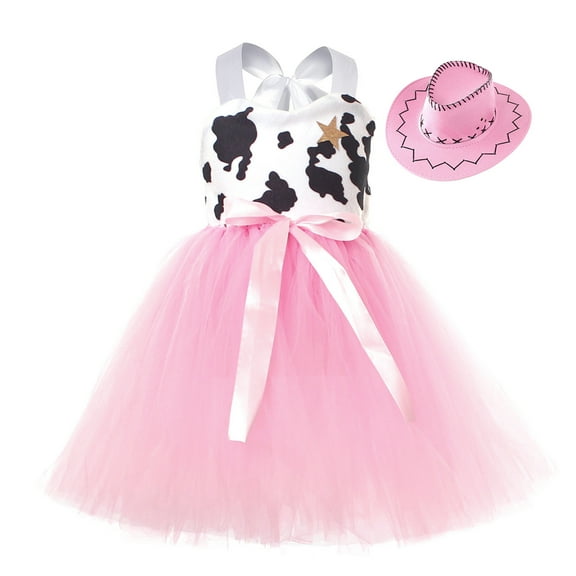 ZRBYWB Toddler Girl Dress Sleeveless Cow Print Princess Dress Party With Hat 2Pcs Set Party Dresses