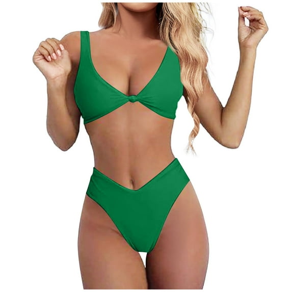 ZRBYWB Women Swimsuit Bikini Set For Female Solid Color V Neck Knot Front Push Up High Leg Thong 2 Piece Swimsuits Sexy Bathing Suit