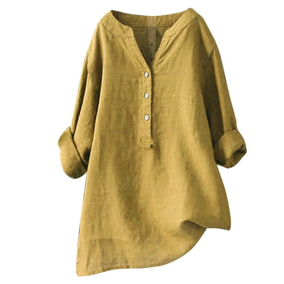ZRBYWB Womens Blouses Women'S Solid Color Stand Up Collar Button Cotton Linen Long Sleeve Shirt Blouse Womens Tops