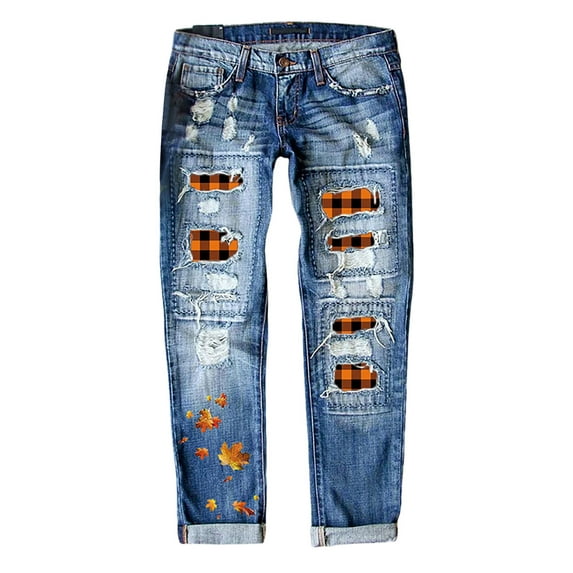 ZRBYWB Womens Jeans Women's Mid Rise Distressed Jeans Maple Leaf Red Checkered Printed Patch Straight Pants Classic Fit