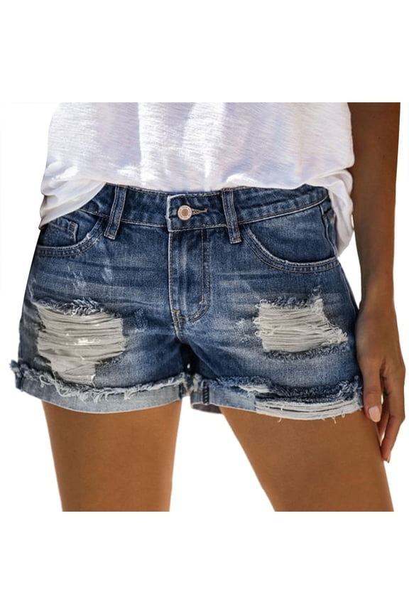 Womens Shorts Fashion Womens Pocket Jeans Denim Pants Female Hole Bottom Casual Shorts Versatile Women's Pure Color Hole Denim Shorts For Women