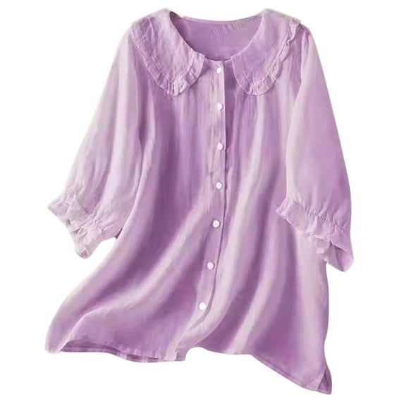 ZRBYWB Womens Tops Ladies Solid Color Ethnic Style Button Up Medium Sleeve Linen Blouses Top Fashion Shirt Clothes