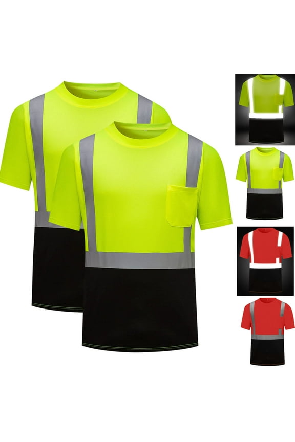 2 Pack High Visibility Shirts for Men Safety T Shirts with Reflective Strips and Pocket Tshirts Big and Tall Outdoor Construction Work Tops