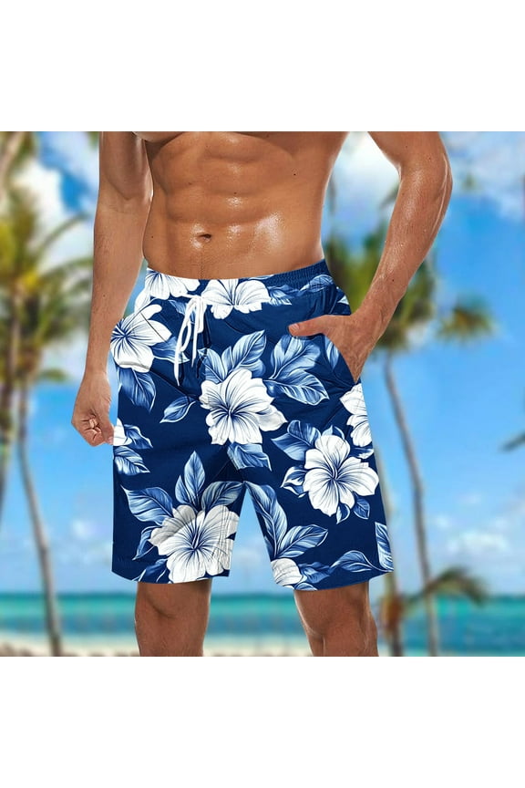 2025 Men Hawaiian Swimming Shorts Big and Tall Swim Trunks Trendy Floral Printed 5 Inch Shorts Drawstring Beach Shorts Quick Dry Tropical Short