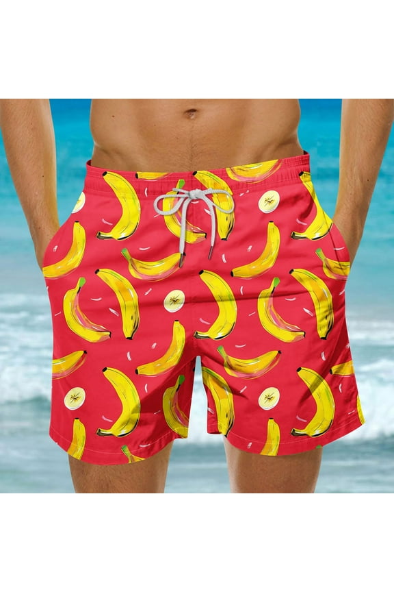 2025 Men Hawaiian Tropical Shorts Big and Tall Swim Trunks Yellow Banana Printed 5 Inch Shorts Classic Quick Dry Drawstring Beach Shorts with Pockets