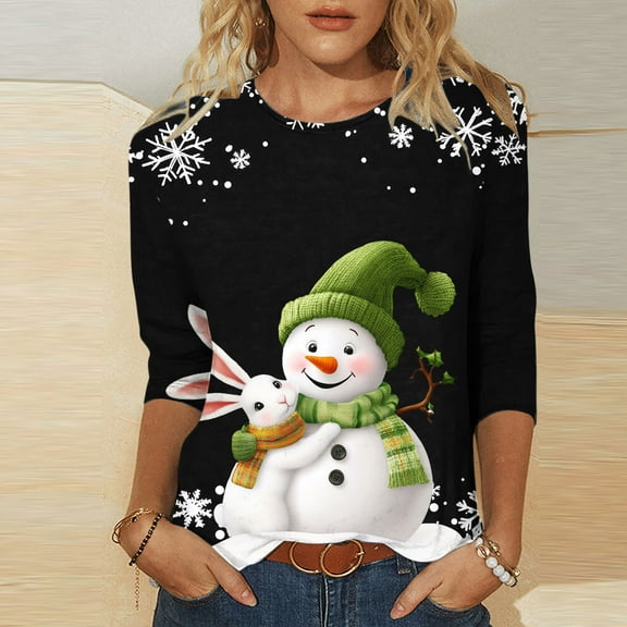 ZRGHAOYLQ 3/4 Sleeve Christmas Shirts Women White Christmas Snowman Print Shirts 2025 Crewneck Christmas Pullover Sweatshirt Long Sleeve Loose Shirts Tops for Christmas Gifts