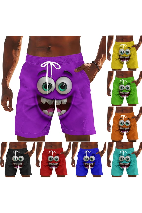 3D Cartoon Smile Face Swim Trunks for Men Elastic Waist Drawstring Summer Short Pants Funny Beach Vacation Outfit