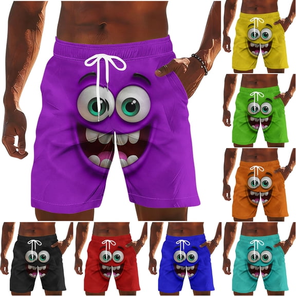 ZRGHAOYLQ 3D Cartoon Smile Face Swim Trunks for Men Elastic Waist Drawstring Summer Short Pants Funny Beach Vacation Outfit