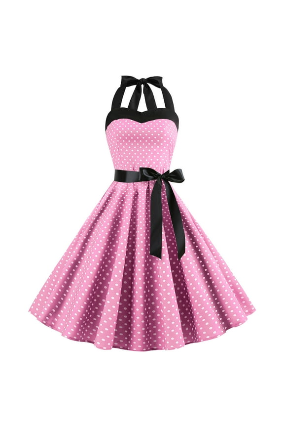 ZRGHAOYLQ 80s Prom Hepburn Dress for Women Fashion A Line Halter Dress BowKnot Sleeveless Polka Dot Print Dress Elegant Tea Party Going Out Dresses Pink M