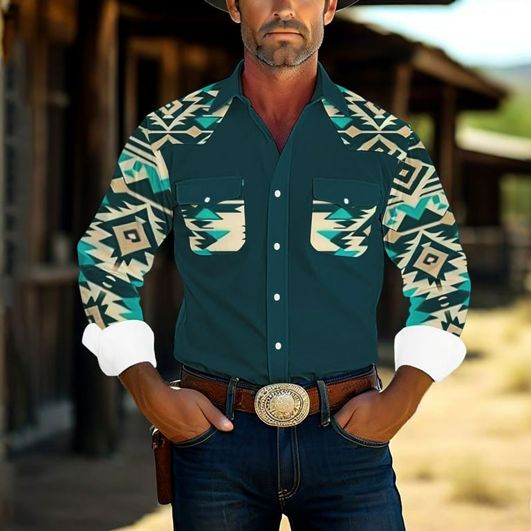 aztec dress shirt Men's Slim Fit Blue Aztec Tapestry Long Sleeve Snap Shirt