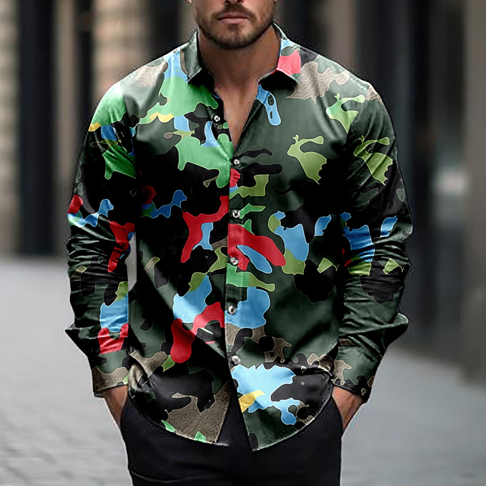 Zrghaoylq Big and Tall Camo Shirts Comfy Long Sleeve Button Down Shirt Lapel Collared Vintage Camouflage Graphic Muscle Shirts Men's Tactical Military, image size:1600x1600