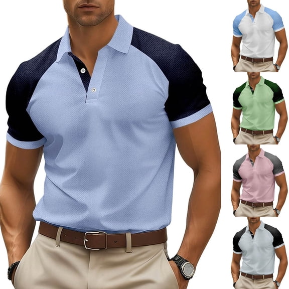 ZRGHAOYLQ Big and Tall Mens Contrast Raglan Sleeve T Shirt Two Tone Short Sleeve 3 Button Collared Casual Tops Breathable Textured Summer Shirt Fashion Daily Wear