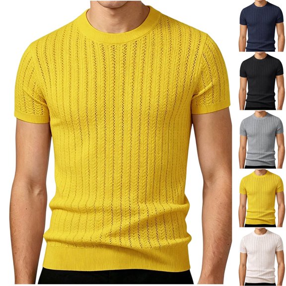 ZRGHAOYLQ Big and Tall Mens Hollow Out Ribbed Knit T Shirts Short Sleeve Summer Breathable Tees Crew Neck Slim Fit Solid Pullover Tops Lightweight See Through Casual Basic Tees