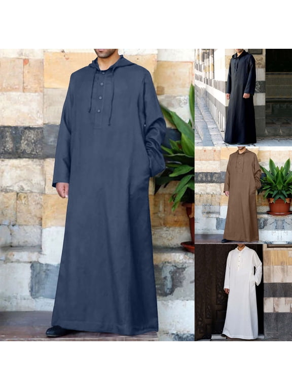 Big and Tall Mens Long Sleeve Stand Collar Robe Muslim Thobe Middle East Arabic Blouse Button Up Loose Breathable Full Length Tops with Side Pockets