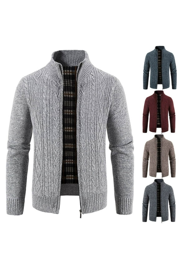 Big and Tall Sweater Jackets for Men Zip Up Stand Collar Jacket Stretchy Textured Cable Knit Cardigan Sweaters Cozy Soft Long Sleeve Coats Winter Warm Knitted Outerwear with Pockets