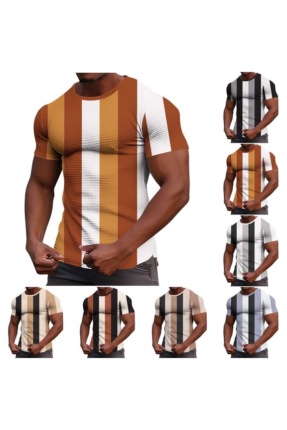 Big and Tall Men's Casual Vertical Striped Waffle Knit T Shirt Short Sleeve Crew Neck Stretchy Tops for Fitness Home and Outdoor Activities