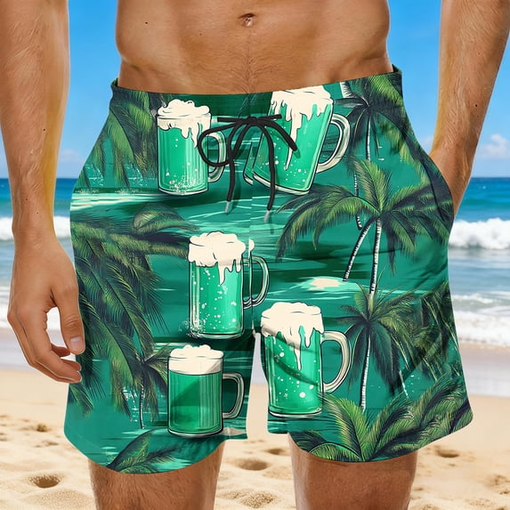 ZRGHAOYLQ Big and Tall Men's Hawaiian Vacation Beach Shorts Tropical Beer Print Swim Trunks Quick Dry Drawstring Waist Shorts with Pockets