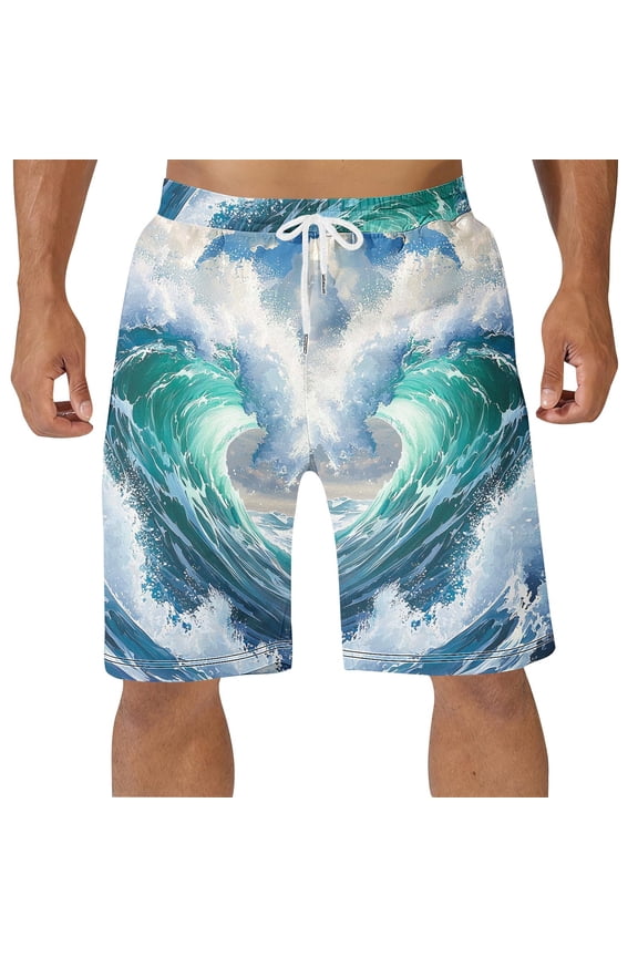 Big and Tall Men's Quick Dry Swim Trunks 5 Inch Ocean Wave Printed Swimming Trunks Elastic Drawstring Waist Board Shorts with Side Pockets