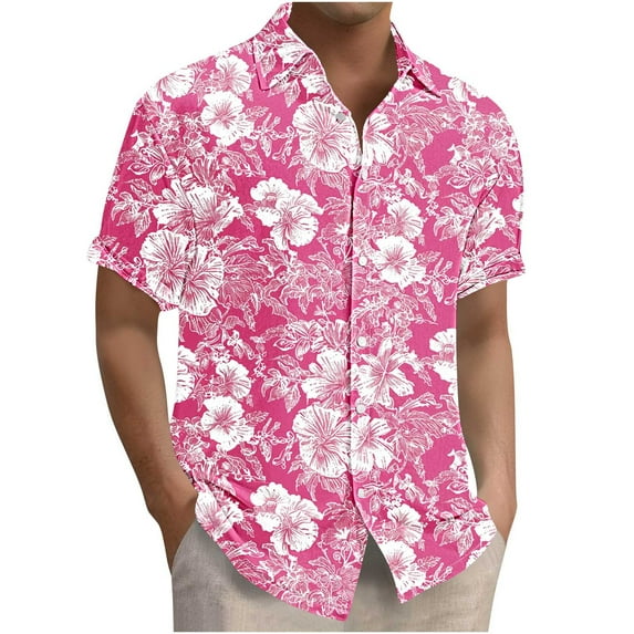 ZRGHAOYLQ Big and Tall Mens Tropical Hawaiian Shirts Casual Button Down Shirt Funny Pink Floral Printed Tops Loose Fit Vacation Party Top