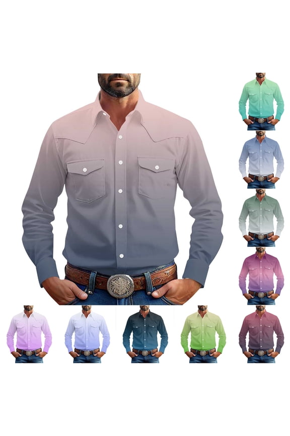 Big and Tall Mens Vintage Gradient Color Shirts Long Sleeve Button Down Shirts Loose Fit Casual Dress Shirts Daily Outdoor Work Blouses
