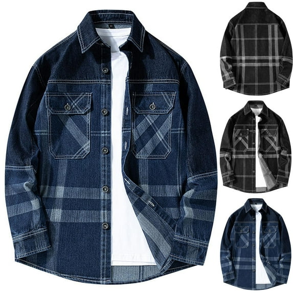 ZRGHAOYLQ Button Down Denim Shirt Men Big and Tall Long Sleeve Tshirts with Pocket Plus Size Lapel Collar Shirt Trendy Patchwork Graphic Jackets Black L