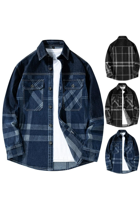 Button Down Denim Shirt Men Big and Tall Long Sleeve Tshirts with Pocket Plus Size Lapel Collar Shirt Trendy Patchwork Graphic Jackets Blue L