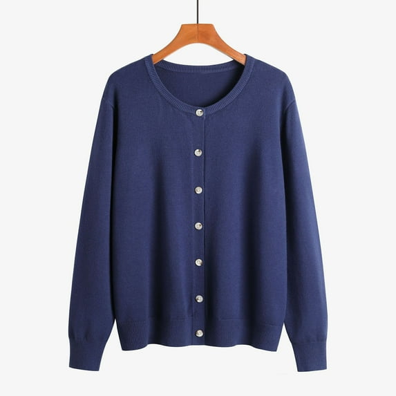 ZRGHAOYLQ Button Down Cardigan Sweaters for Women 2025 Casual Long Sleeve Knitted Coats Loose Solid Color Cardiagns Comfy Crew Neck Outwear Tops