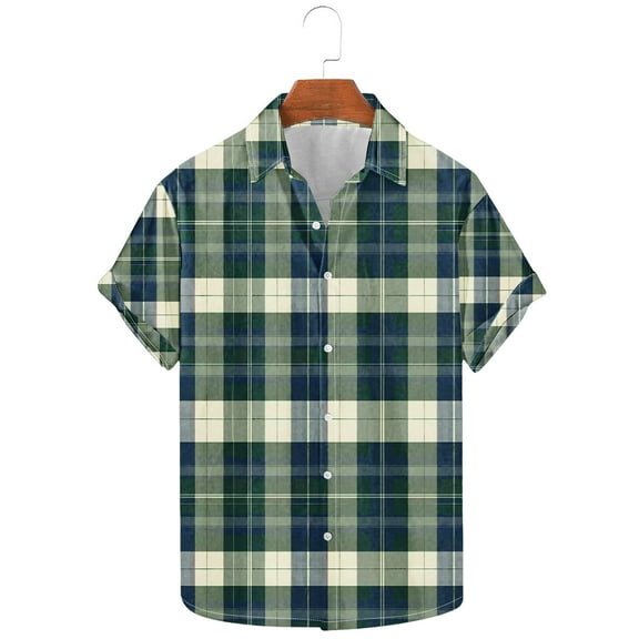 ZRGHAOYLQ Button Down Shirt Men Short Sleeve Big and Tall Plus Size Shirts Plaid Lapel Collar Shirt Tops