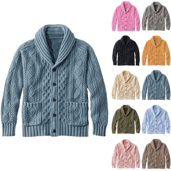ZRGHAOYLQ Cable Knit Cardigan Sweaters for Men Chunky Shawl Collar Cardigans Warm Button Down Sweater Coat Fall Winter Casual Knitted Sweaters with Pockets