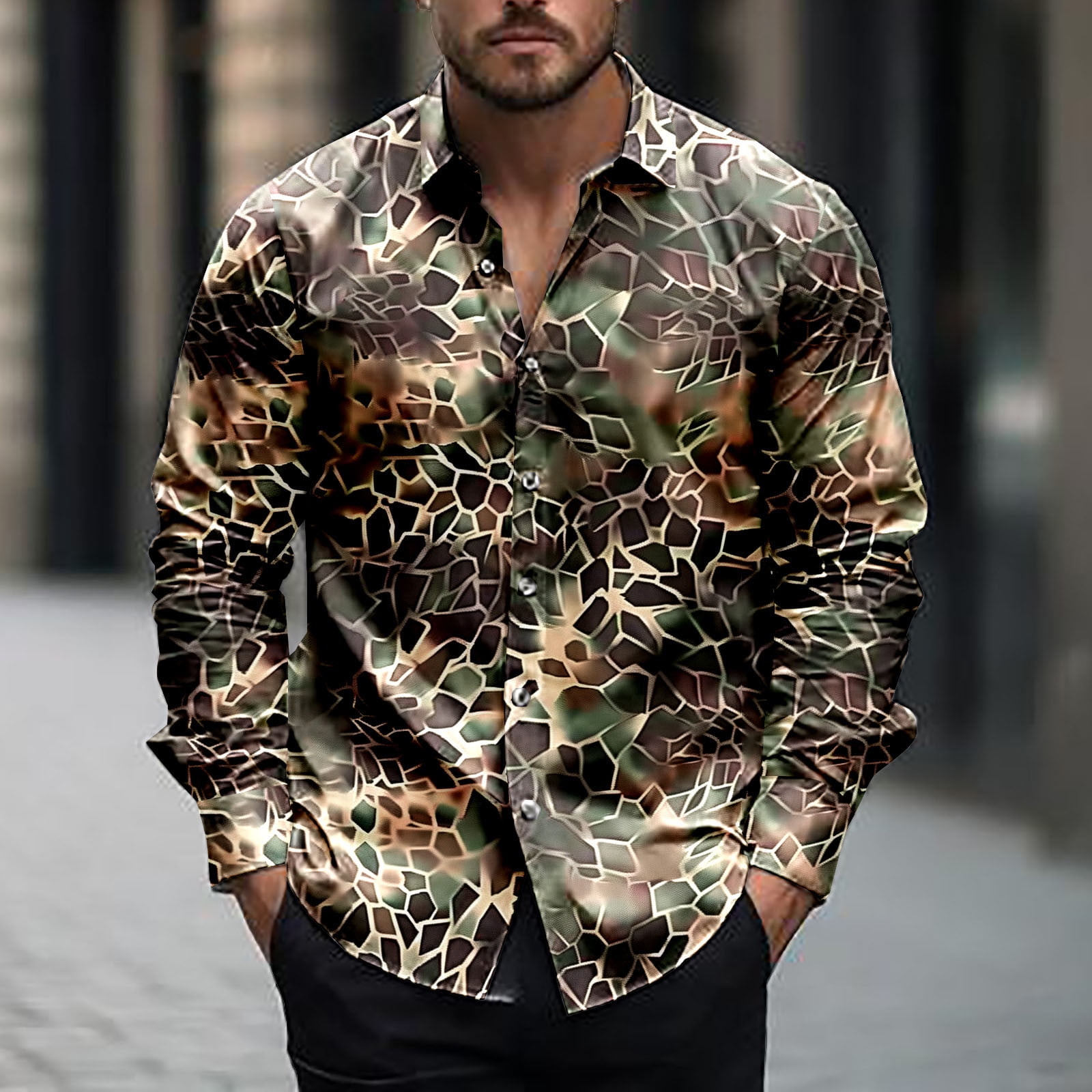Zrghaoylq Camo Button Down Shirts for Men Casual Lapel Collared Long Sleeve Shirt Big and Tall Camouflage Shirts for Men, Men's, Size: 2XL, image size:1600x1600