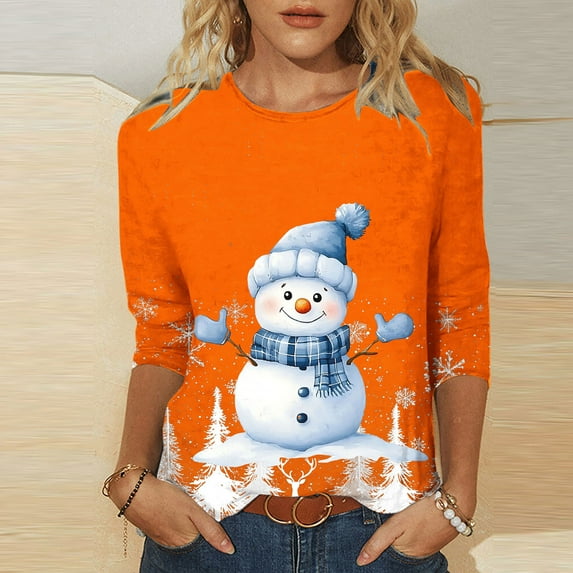 ZRGHAOYLQ Christmas 3/4 Sleeve Shirts for Women Christmas Snowman Print Shirts Christmas Basic Shirts Tops Loose Crewneck Pullover for Christmas Gifts