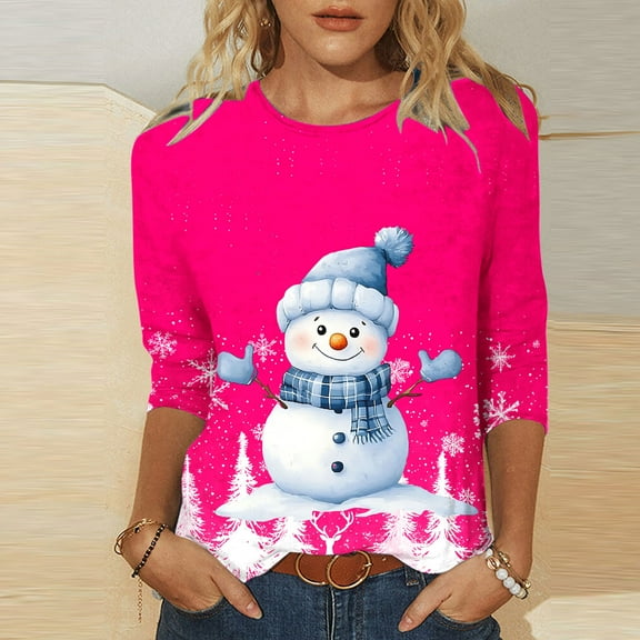 ZRGHAOYLQ Christmas 3/4 Sleeve Shirts for Women Christmas Snowman Print Shirts Christmas Basic Shirts Tops Loose Crewneck Pullover for Christmas Gifts