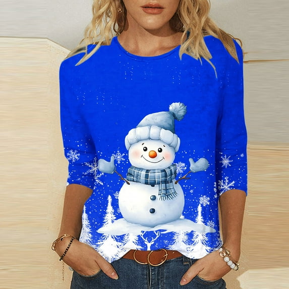 ZRGHAOYLQ Christmas 3/4 Sleeve Shirts for Women Christmas Snowman Print Shirts Christmas Basic Shirts Tops Loose Crewneck Pullover for Christmas Gifts