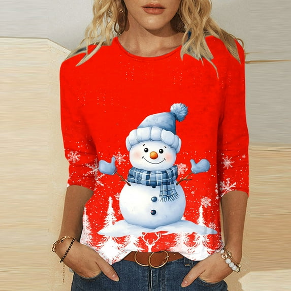 ZRGHAOYLQ Christmas 3/4 Sleeve Shirts for Women Christmas Snowman Print Shirts Christmas Basic Shirts Tops Loose Crewneck Pullover for Christmas Gifts