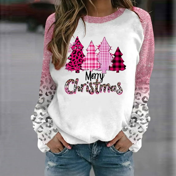 ZRGHAOYLQ Christmas Sweatshirt for Women 2025 Merry Christmas Tree Graphic Shirts Leopard Print Long Sleeve Blouses Casual Crewneck Pullover Top Christmas Sweatshirt Clearance