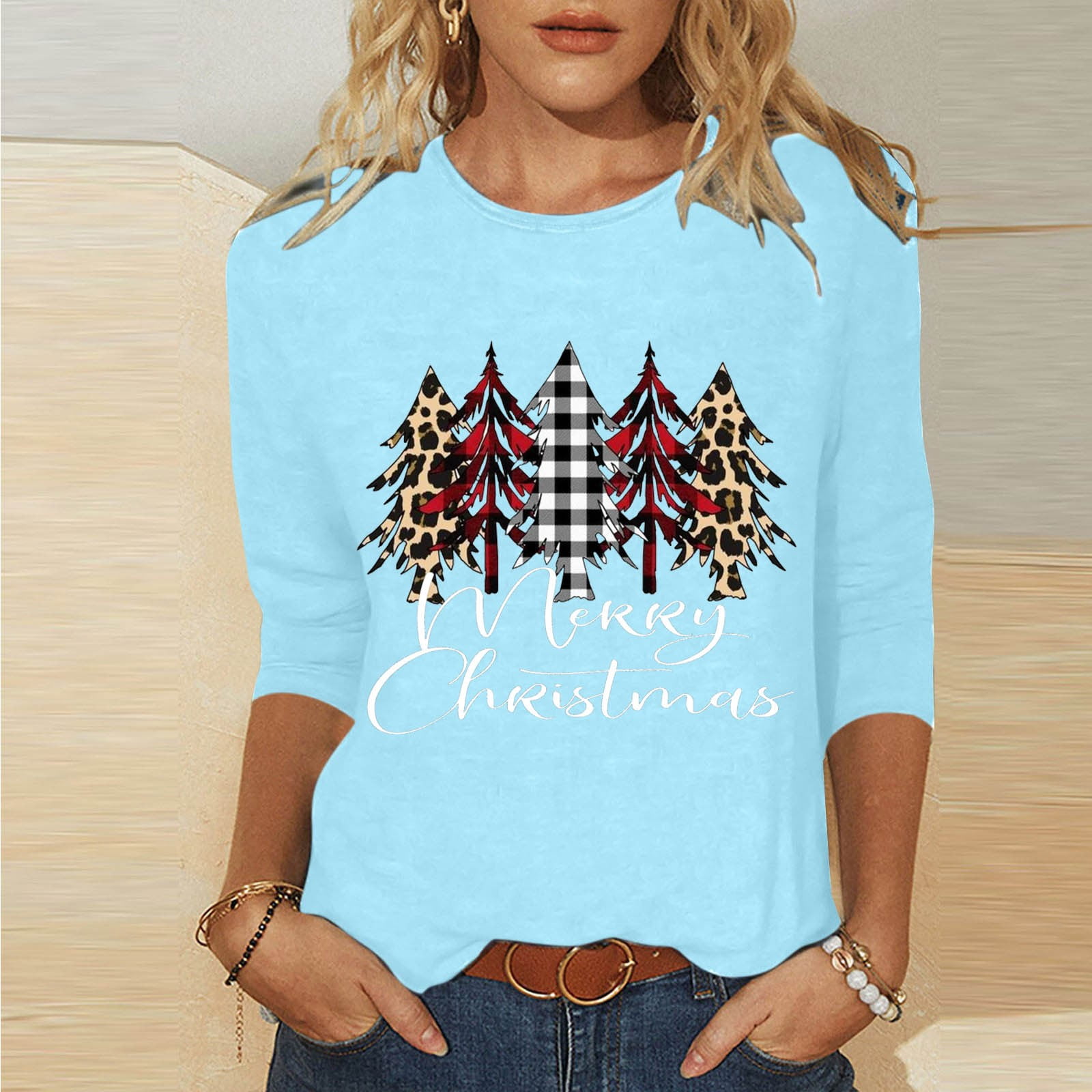 ZRGHAOYLQ Christmas Tee Shirts for Women 2024 3/4 Sleeves Tshirts