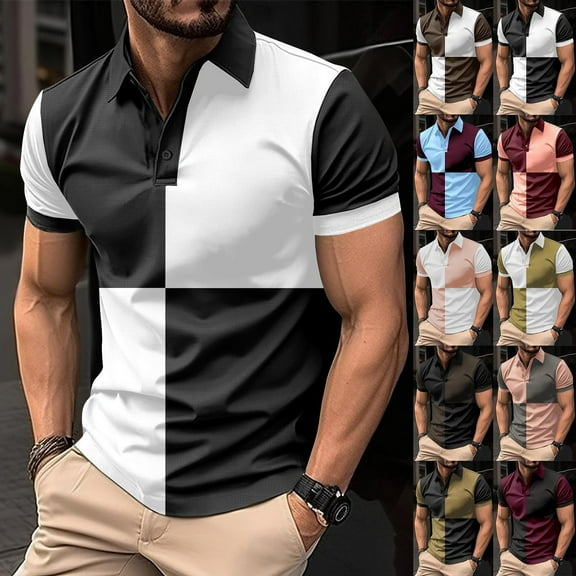 ZRGHAOYLQ Color Block Short Sleeve Shirt Big and Tall Mens Button Up V Neck Shirts Plus Size Short Sleeve Henley Tops Quick Dry Moisture Wicking Shirts