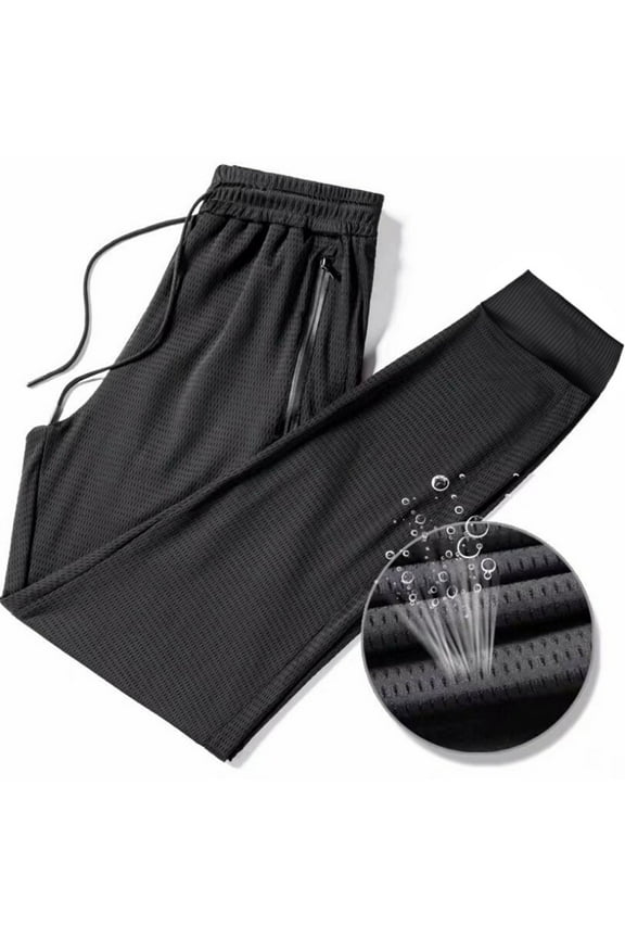 Cooling Thin Sweatpants for Men Breathable Eyelet Jogger Pants Lightweight Solid Lounge Trousers Comfy Drawstring Elastic Waist Pants with Zip Pockets