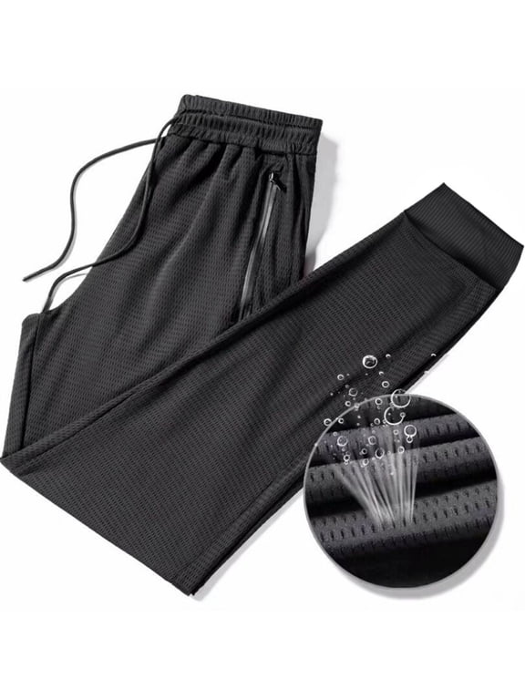 Cooling Thin Sweatpants for Plus Size Men Breathable Eyelet Jogger Pants Lightweight Solid Lounge Trousers Comfy Drawstring Elastic Waist Pants with Zip Pockets