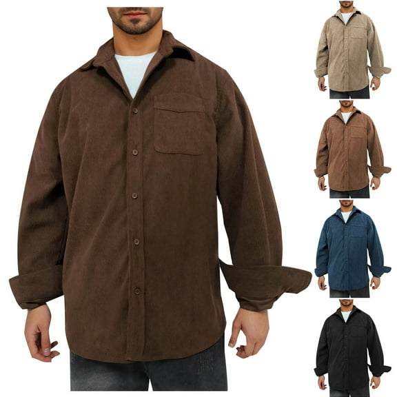 ZRGHAOYLQ Corduroy Button Down Shirt Men Long Sleeve Lapel Collar Dress Shirt Jacket Big and Tall Solid Color T Shirts Plus Size Casual Pockets Tops Jacket