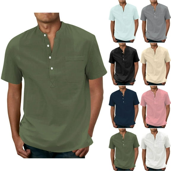 ZRGHAOYLQ Cotton Linen Solid Casual Plus Size Loose Big and Tall Shirts for Men Button Up Henley Shirt Comfy Short Sleeve T Shirt