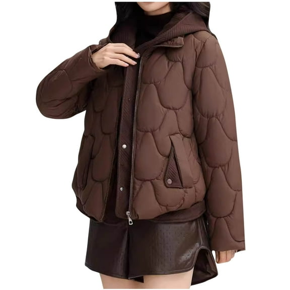 ZRGHAOYLQ Cotton Padded Quilted Jacket Coat Women Solid Color Puffer Jackets with Detchable Hood Winter Warm Coats Long Sleeve Zip Up Hoodie