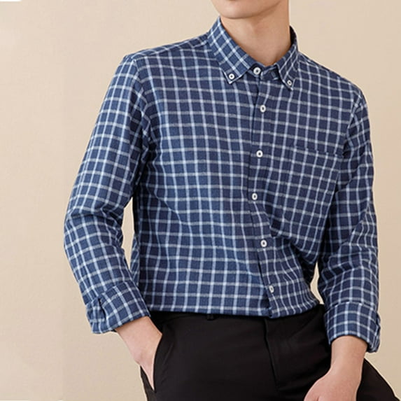 ZRGHAOYLQ Cotton Plaid Button Down Shirts for Men Casual Lapel Collared Long Sleeve Shirt with Pocket Big and Tall Business Casual Dress Shirts Tops Black S