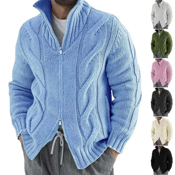 ZRGHAOYLQ Double Zip Up Cardigan Sweaters for Men Cable Knit Sweater Jackets Comfy Stand Collar Coats Warm Winter Long Sleeve Cardigans Loose Twist Knitted Outerwear